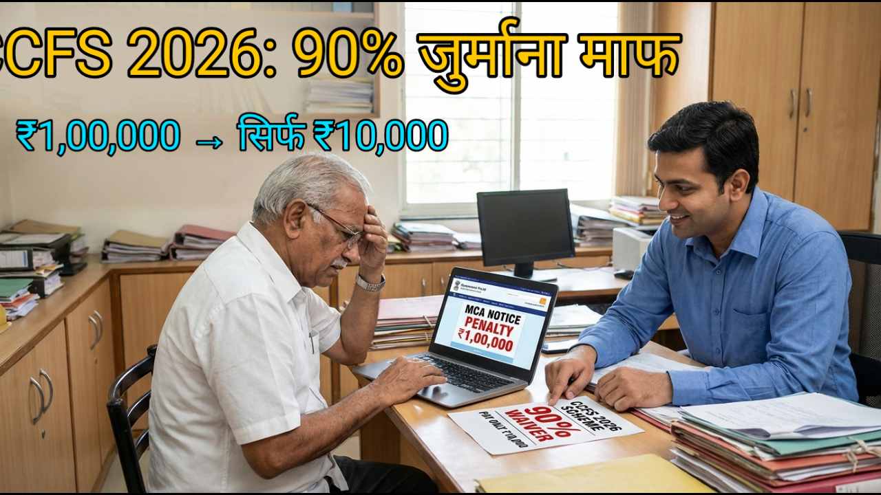 CCFS 2026 योजना के तहत MCA का 90% जुर्माना माफ, कंपनीज़ कम्प्लायंस फैसिलिटेशन स्कीम, ₹1,00,000 लेट फीस अब सिर्फ ₹10,000 में माफ, चार्टर्ड अकाउंटेंट और कारोबारी की तस्वीर