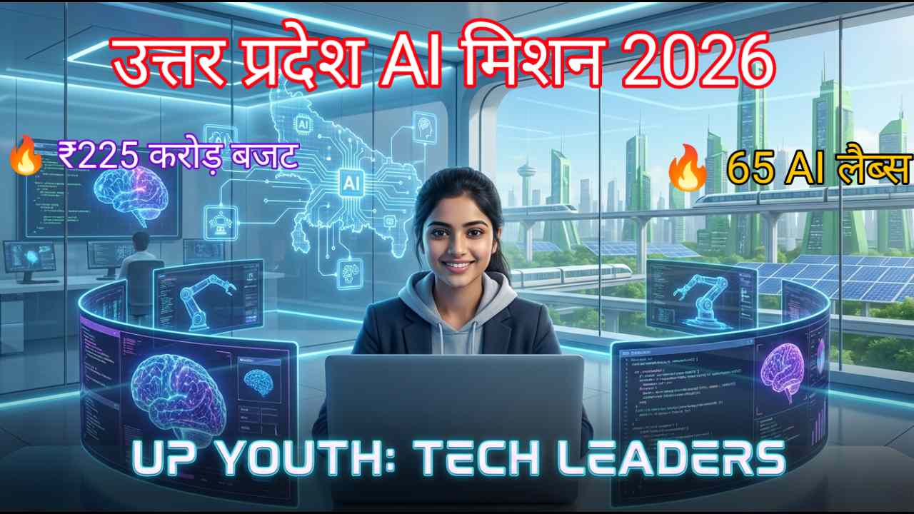 UP AI Mission 2026 के तहत AI लैब में काम करता युवा, पीछे यूपी मैप और AI सिटी लखनऊ