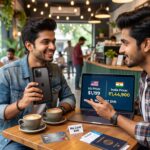 Two Indian friends comparing iPhone 16 Pro Max price in US vs India, laptop showing $1199 vs ₹144900, with EMI and Dubai travel option.