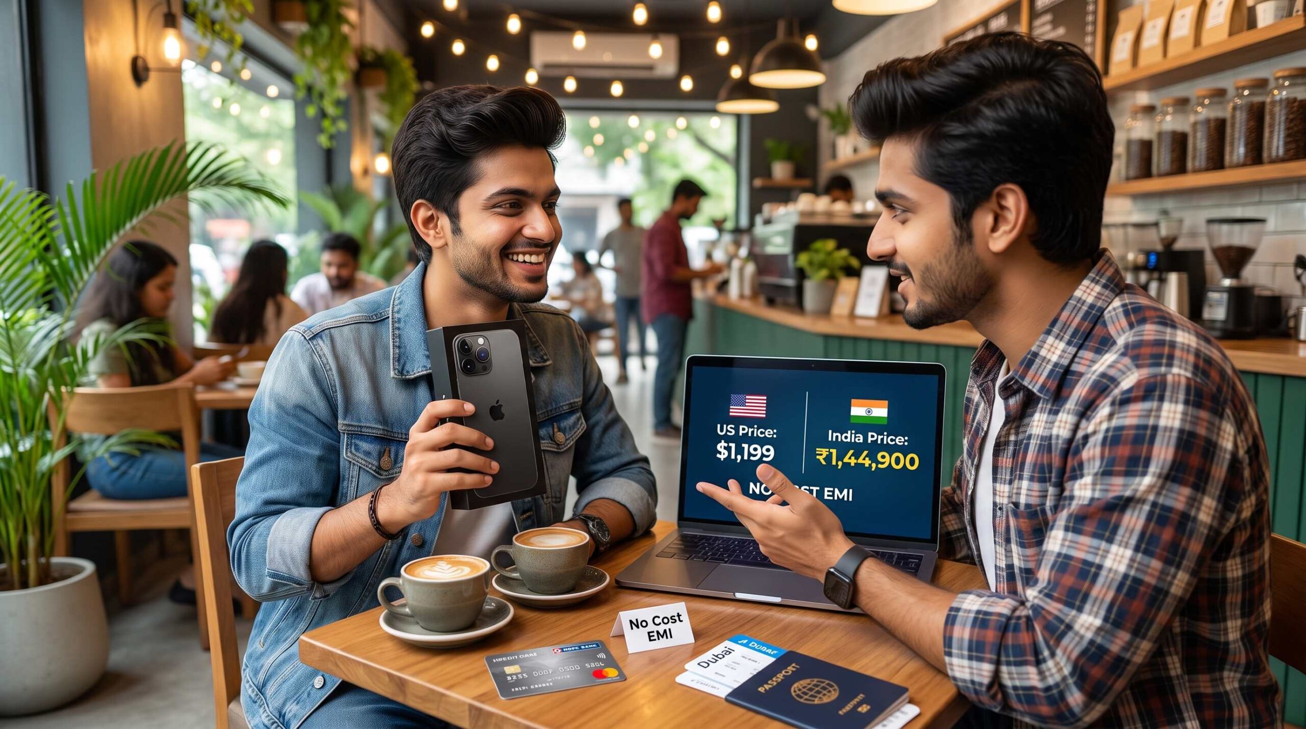 Two Indian friends comparing iPhone 16 Pro Max price in US vs India, laptop showing $1199 vs ₹144900, with EMI and Dubai travel option.
