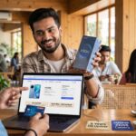 ₹75,999 and ₹3,167/month, SBI credit card and phone box on table.