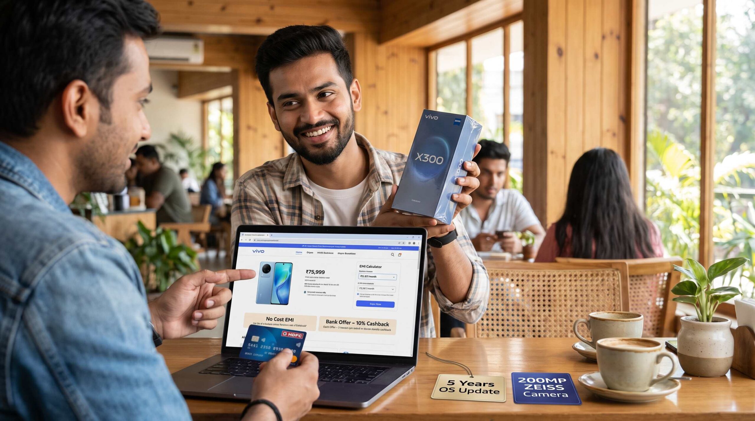 ₹75,999 and ₹3,167/month, SBI credit card and phone box on table.