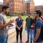 How to Study in the USA? Complete Guide and Best Universities – Which One is Right for You? Indian student video calling his family from American university library, studying in USA, emotional moment, student life abroad, Indian student in USA, studying abroad emotions
