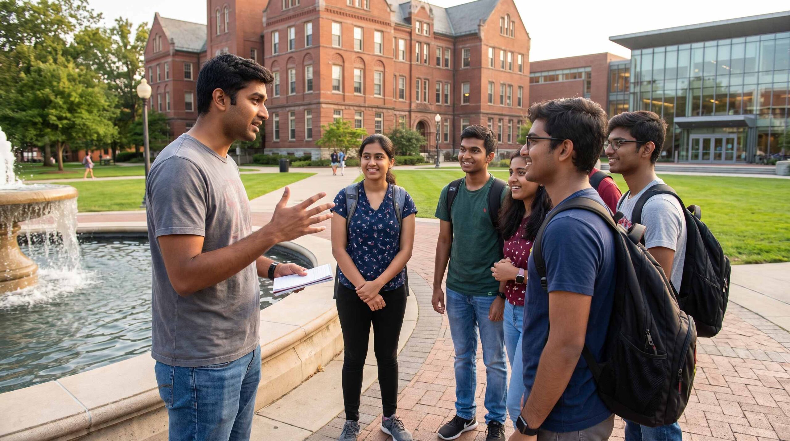 Indian student video calling his family from American university library, studying in USA, emotional moment, student life abroad, Indian student in USA, studying abroad emotions